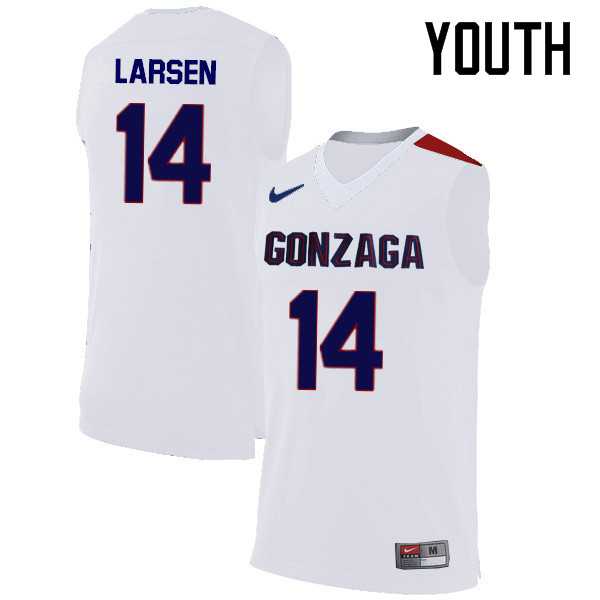 Youth #14 Jacob Larsen Gonzaga Bulldogs College Basketball Jerseys-White - Click Image to Close